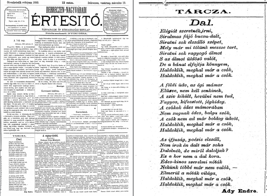 Ismeretlen Ady-vers a Debreczen-Nagyváradi Értesítő 1899. évi évfolyamában